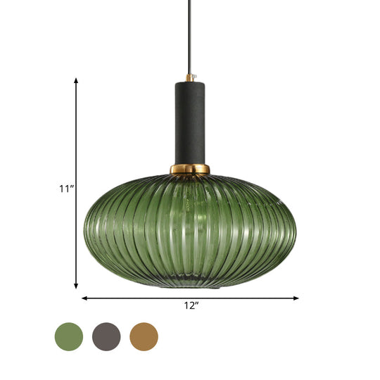 Modernist Black/Gold Pendant Lamp With Ribbed Glass - 1 Light Grey/Green/Amber Stylish Ceiling