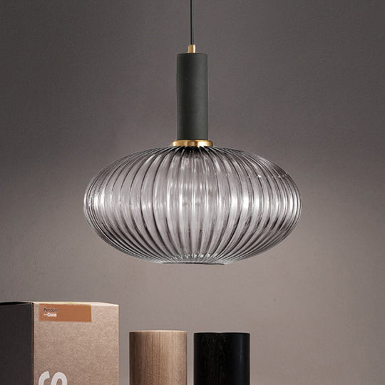 Chloe - Modernist 1 Light Grey/Green/Amber Ribbed Glass Ceiling Pendant Lamp