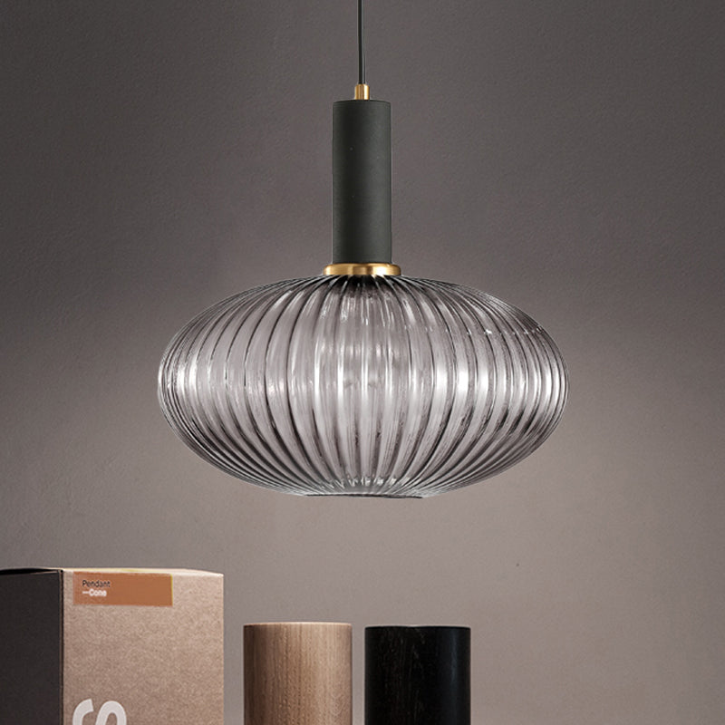 Modernist Black/Gold Pendant Lamp With Ribbed Glass - 1 Light Grey/Green/Amber Stylish Ceiling