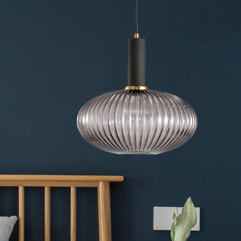 Modernist Black/Gold Pendant Lamp With Ribbed Glass - 1 Light Grey/Green/Amber Stylish Ceiling