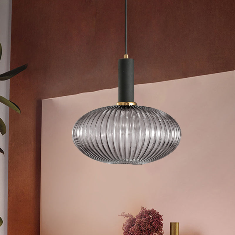 Modernist Black/Gold Pendant Lamp With Ribbed Glass - 1 Light Grey/Green/Amber Stylish Ceiling