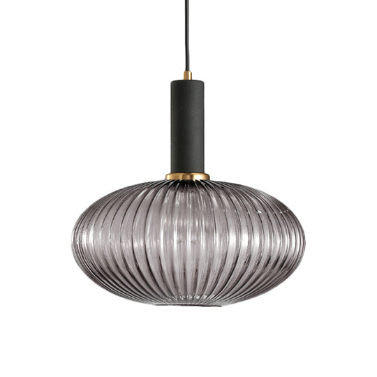 Modernist Black/Gold Pendant Lamp With Ribbed Glass - 1 Light Grey/Green/Amber Stylish Ceiling