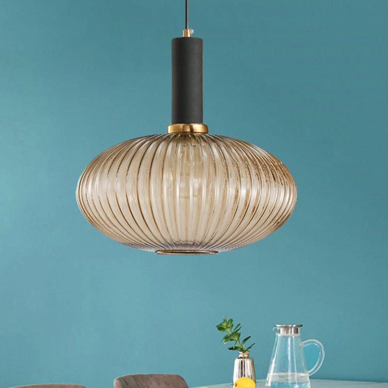 Modernist Black/Gold Pendant Lamp With Ribbed Glass - 1 Light Grey/Green/Amber Stylish Ceiling