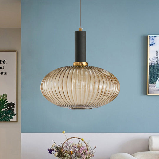 Modernist Black/Gold Pendant Lamp With Ribbed Glass - 1 Light Grey/Green/Amber Stylish Ceiling