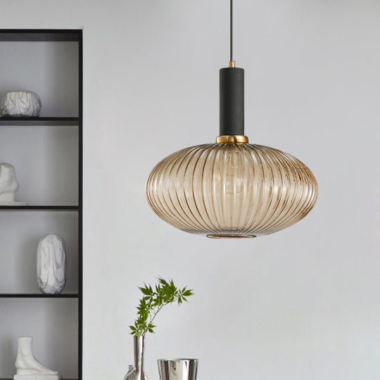 Modernist Black/Gold Pendant Lamp With Ribbed Glass - 1 Light Grey/Green/Amber Stylish Ceiling