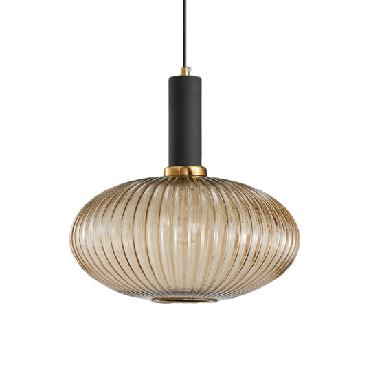 Modernist Black/Gold Pendant Lamp With Ribbed Glass - 1 Light Grey/Green/Amber Stylish Ceiling