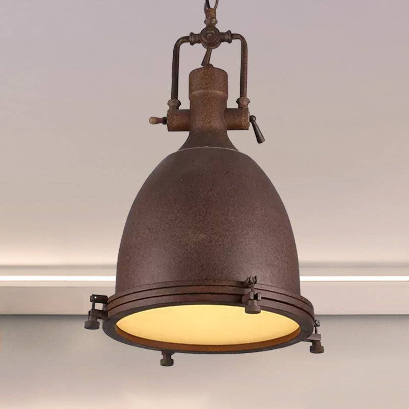 Industrial Domed Pendant Lamp - 1 Light Metal Ceiling Fixture In Black/Silver/Rust With Hanging