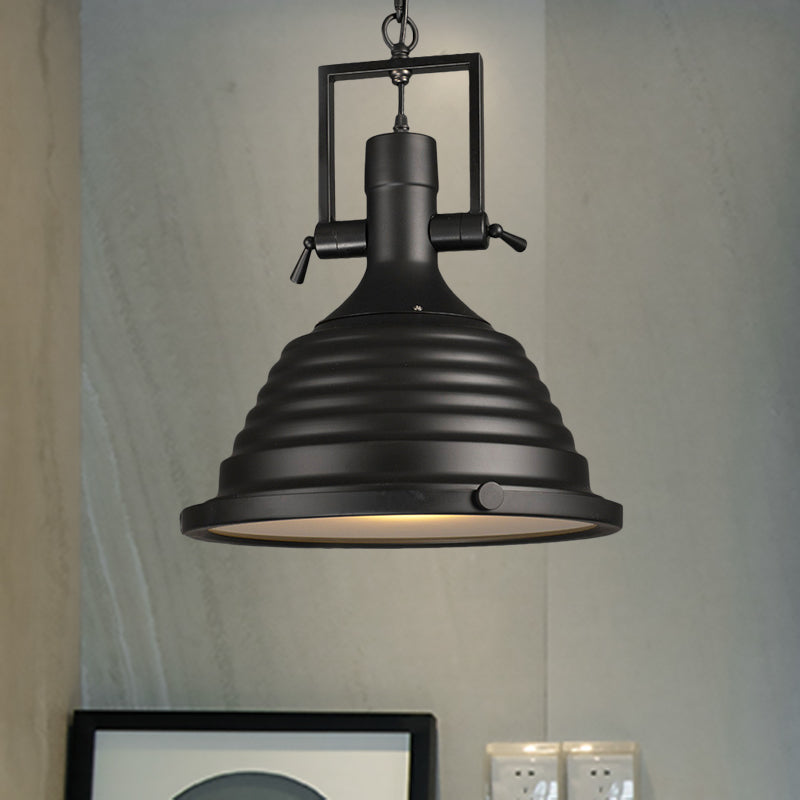 Industrial Style Black Pendant Lamp with Metallic Ripple Shade and Frosted Diffuser - 14"/16" Width