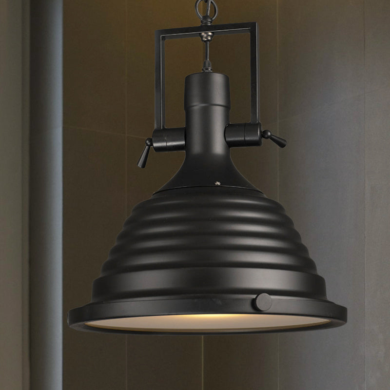 Industrial Style Black Pendant Lamp with Metallic Ripple Shade and Frosted Diffuser - 14"/16" Width