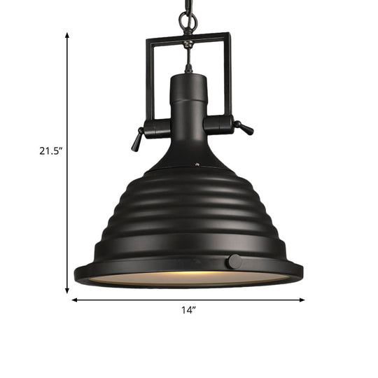 Industrial Style Black Pendant Lamp with Metallic Ripple Shade and Frosted Diffuser - 14"/16" Width