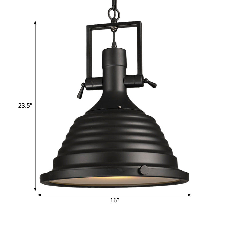 Industrial Style Black Pendant Lamp with Metallic Ripple Shade and Frosted Diffuser - 14"/16" Width