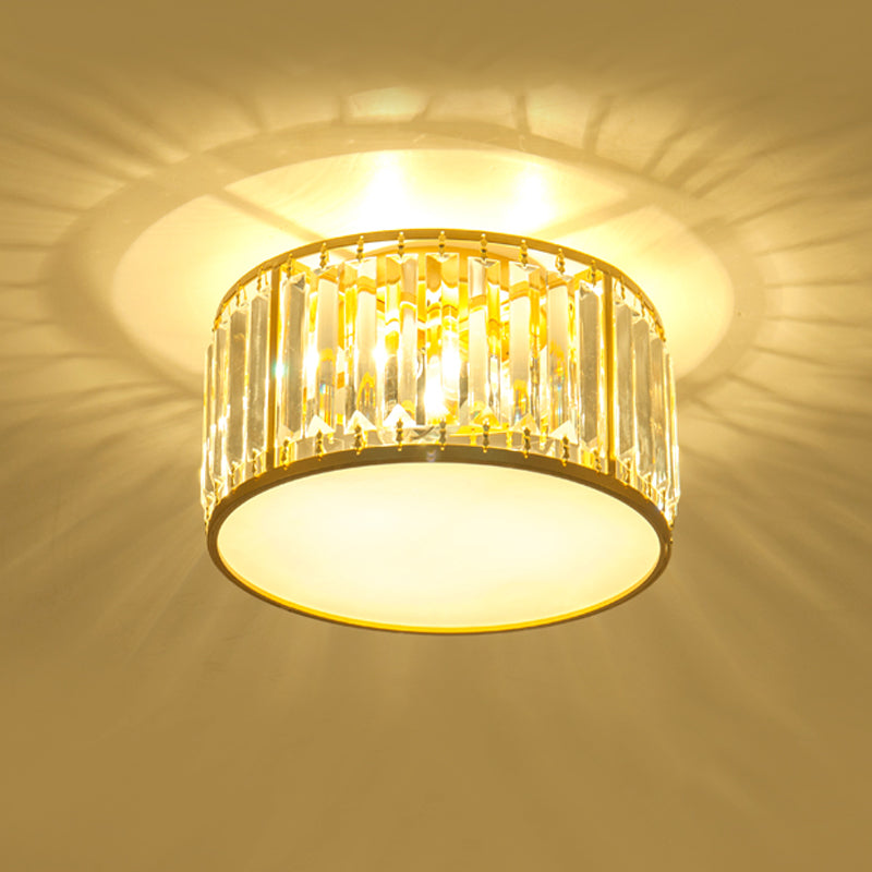 Crystal Flush Mount Lighting With Drum Shade - Gold 3/4/5 Lights 12.5/16.5/20.5 Wide