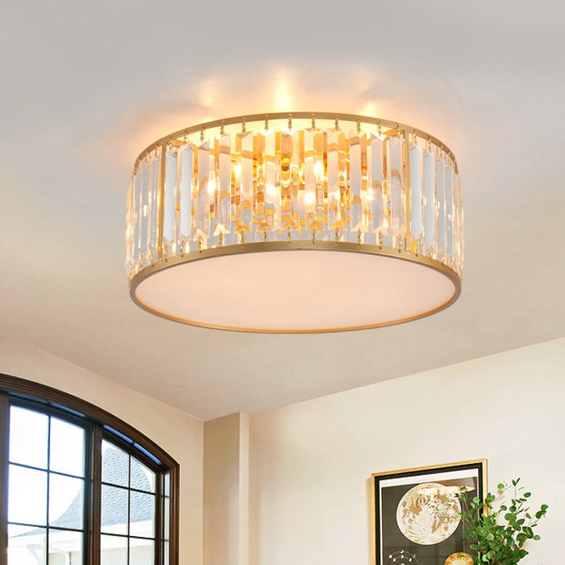 Crystal Flush Mount Lighting With Drum Shade - Gold 3/4/5 Lights 12.5/16.5/20.5 Wide / 16.5