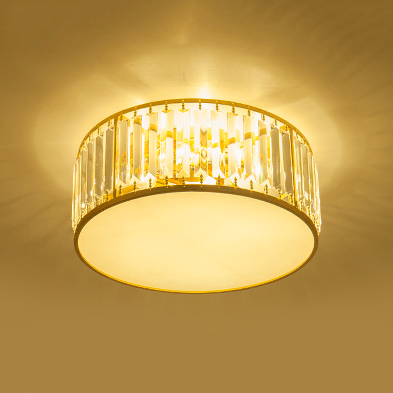 Crystal Flush Mount Lighting With Drum Shade - Gold 3/4/5 Lights 12.5/16.5/20.5 Wide