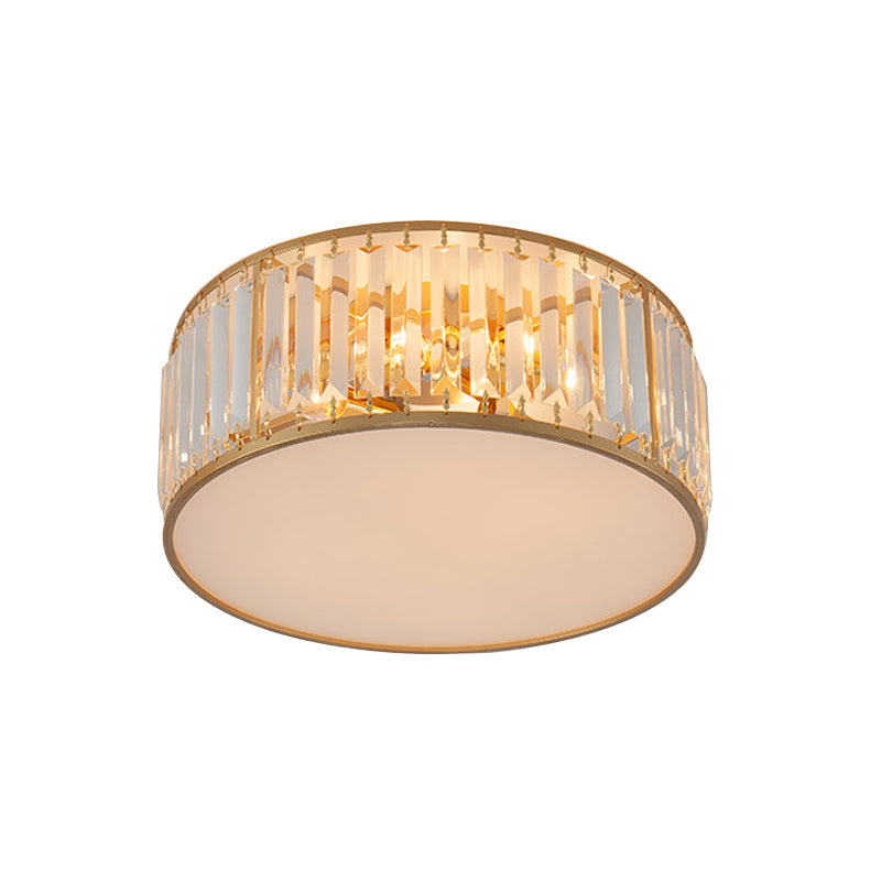 Crystal Flush Mount Lighting With Drum Shade - Gold 3/4/5 Lights 12.5/16.5/20.5 Wide