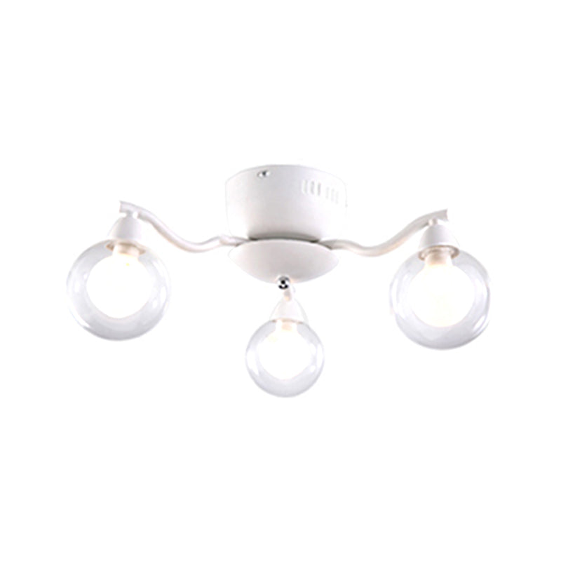 Curved Arm Semi Flush Clear Globe Chandelier for Dining Room - White Ceiling Mount