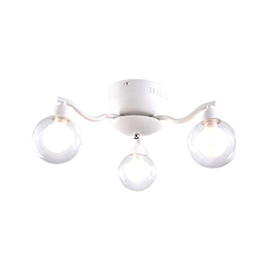 Curved Arm Semi Flush Clear Globe Chandelier For Dining Room - White Ceiling Mount