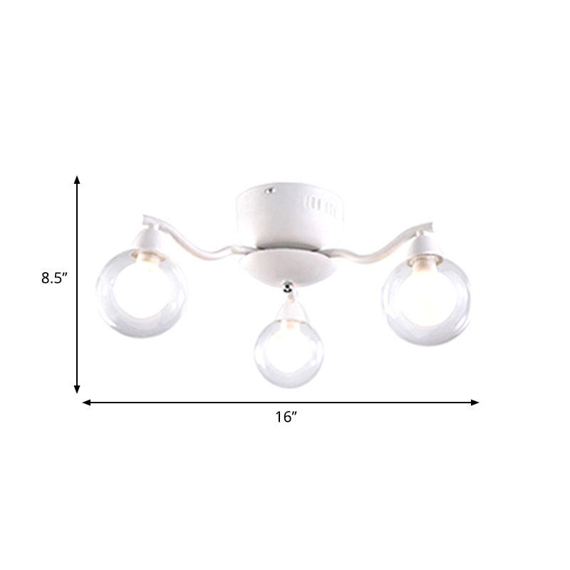 Curved Arm Semi Flush Clear Globe Chandelier for Dining Room - White Ceiling Mount