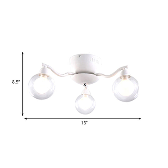 Curved Arm Semi Flush Clear Globe Chandelier For Dining Room - White Ceiling Mount