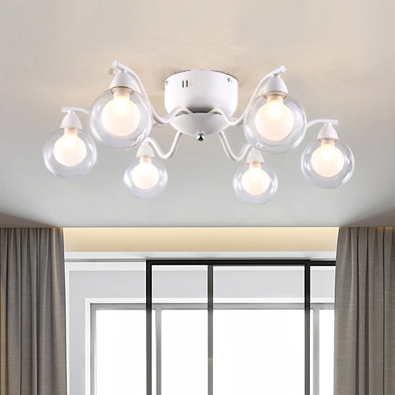 Sleek 6-Light Starburst Ceiling Fixture with Metal Ball Glass Shade - Ideal for Bedroom. Mounts Flush in White.