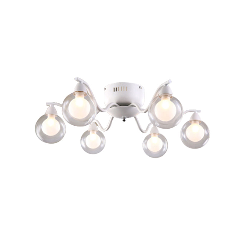 Sleek 6-Light Starburst Ceiling Fixture with Metal Ball Glass Shade - Ideal for Bedroom. Mounts Flush in White.