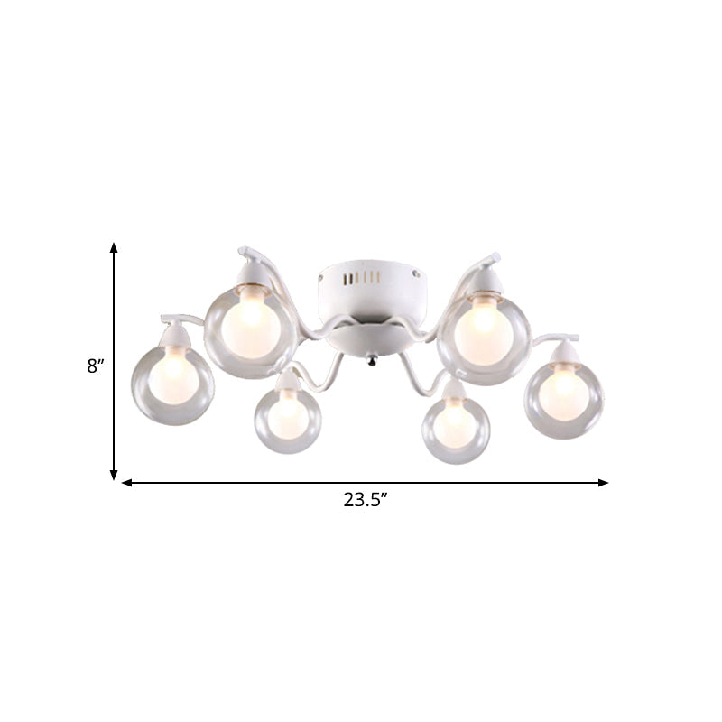 Sleek 6-Light Starburst Ceiling Fixture with Metal Ball Glass Shade - Ideal for Bedroom. Mounts Flush in White.