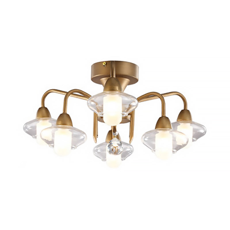 Contemporary Double Glass Shade Semi Flush Mount Light - Metal | 6 Lights | Living Room Ceiling Fixture