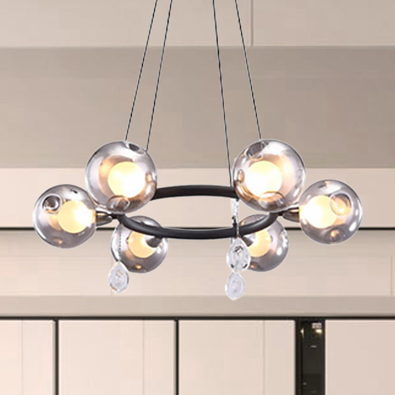 Smoke Glass Modernist Ball Chandelier Pendant With 6/8 Led Lights Black Finish 6 / Gray