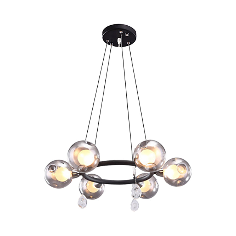 Smoke Glass Modernist Ball Chandelier Pendant With 6/8 Led Lights Black Finish