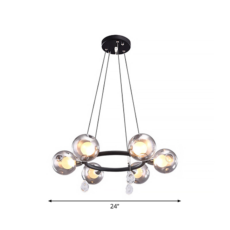 Smoke Glass Modernist Ball Chandelier Pendant With 6/8 Led Lights Black Finish