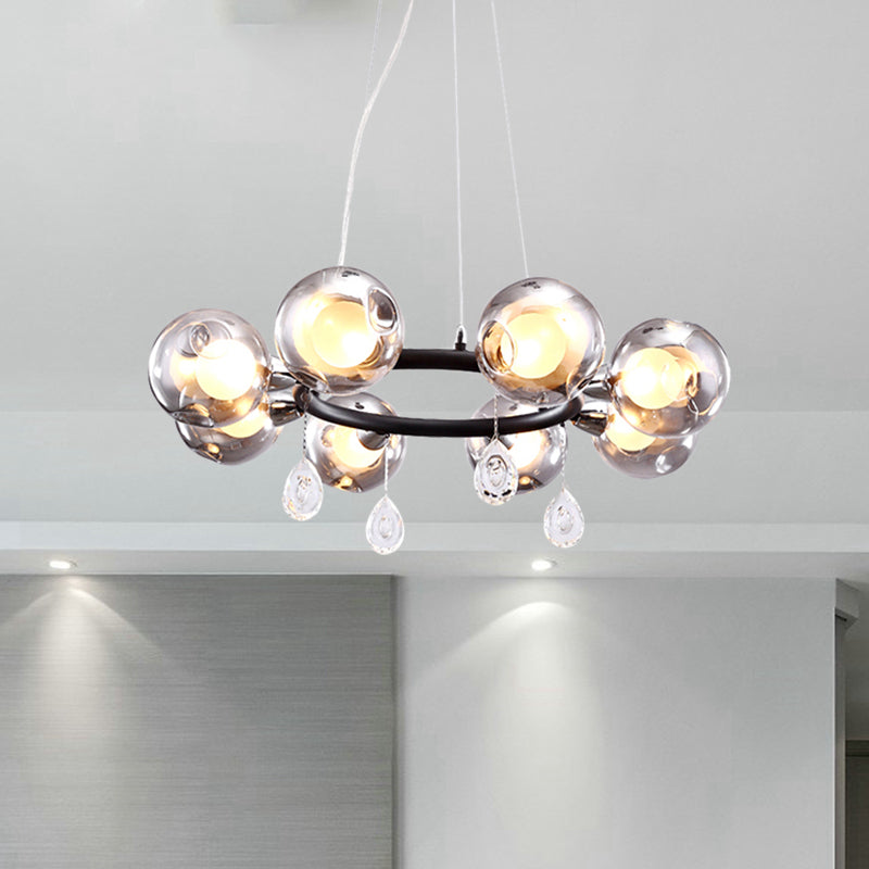 Smoke Glass Modernist Ball Chandelier Pendant With 6/8 Led Lights Black Finish