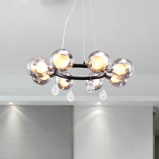 Smoke Glass Modernist Ball Chandelier Pendant With 6/8 Led Lights Black Finish