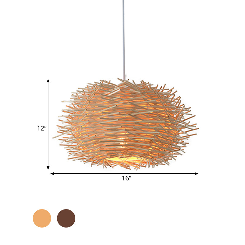 Farmhouse Single Light Luminaire: Rustic Wood Bird Nest Hanging In Brown/Wood For Cafes &