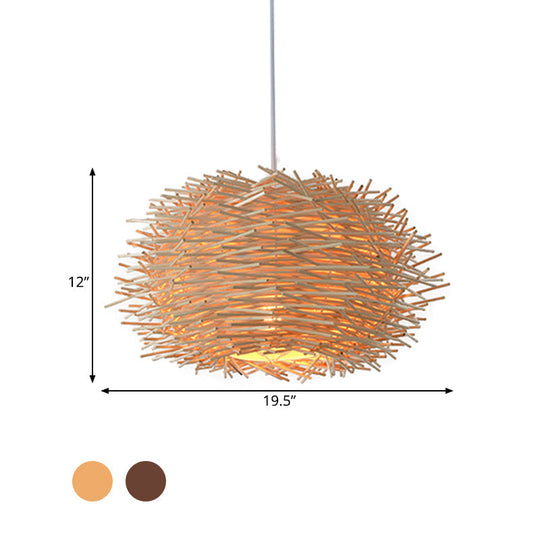 Farmhouse Single Light Luminaire: Rustic Wood Bird Nest Hanging In Brown/Wood For Cafes &