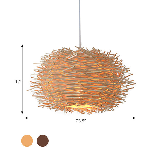 Farmhouse Single Light Luminaire: Rustic Wood Bird Nest Hanging In Brown/Wood For Cafes &