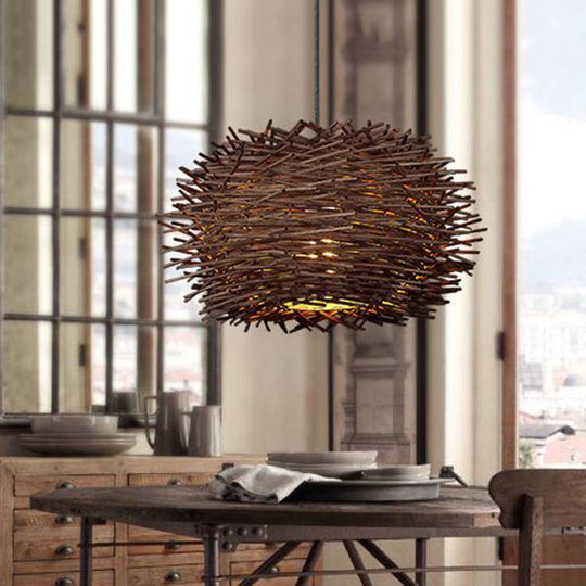 Farmhouse Single Light Luminaire: Rustic Wood Bird Nest Hanging In Brown/Wood For Cafes &