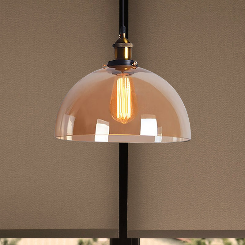 Industrial Brass Dome Pendant Light - Clear/Amber Glass