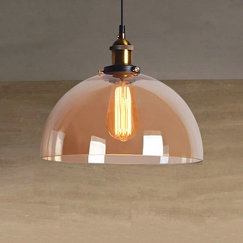 Industrial Brass Dome Pendant Light - Clear/Amber Glass