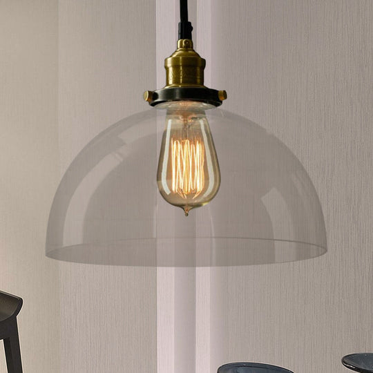 Industrial Brass Dome Pendant Light - Clear/Amber Glass