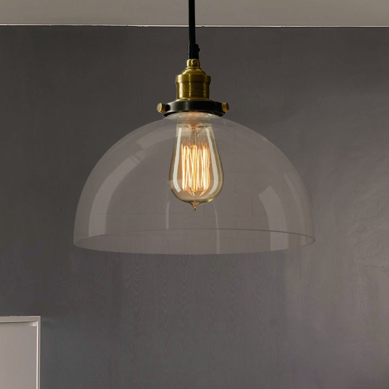 Industrial Brass Dome Pendant Light - Clear/Amber Glass