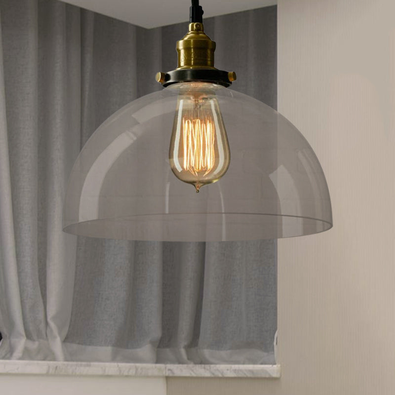 Industrial Brass Dome Pendant Light - Clear/Amber Glass