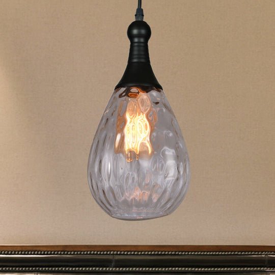 Black/Brass Teardrop Ceiling Light Industrial Clear/Amber/Grey Water Glass 1-Light Bedroom Pendant Lighting Fixture