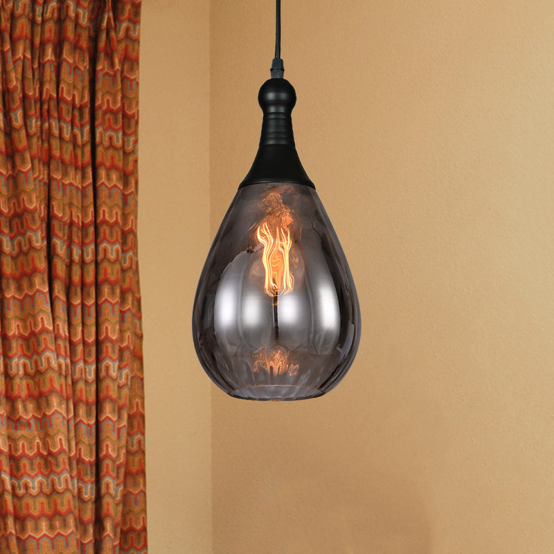 Black/Brass Teardrop Ceiling Light Industrial Clear/Amber/Grey Water Glass 1-Light Bedroom Pendant Lighting Fixture