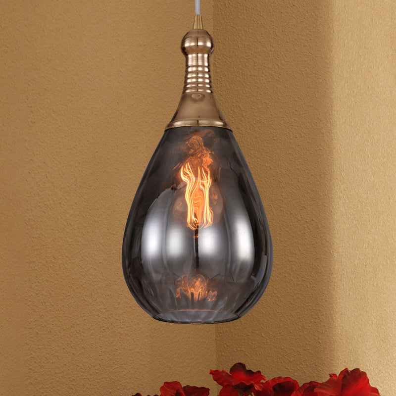 Black/Brass Teardrop Ceiling Light Industrial Clear/Amber/Grey Water Glass 1-Light Bedroom Pendant Lighting Fixture