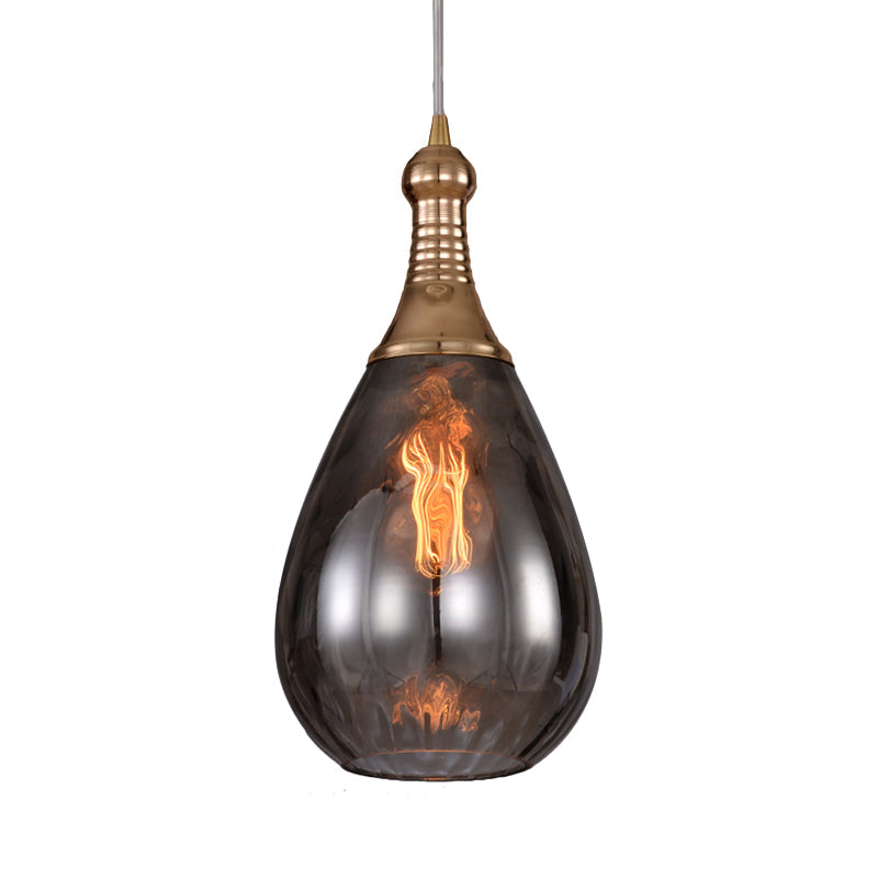 Black/Brass Teardrop Ceiling Light Industrial Clear/Amber/Grey Water Glass 1-Light Bedroom Pendant Lighting Fixture