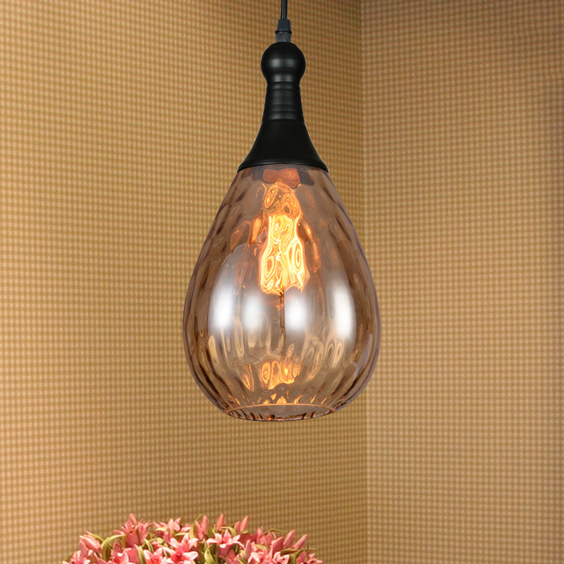 Black/Brass Teardrop Ceiling Light Industrial Clear/Amber/Grey Water Glass 1-Light Bedroom Pendant Lighting Fixture