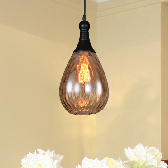 Black/Brass Teardrop Ceiling Light Industrial Clear/Amber/Grey Water Glass 1-Light Bedroom Pendant Lighting Fixture