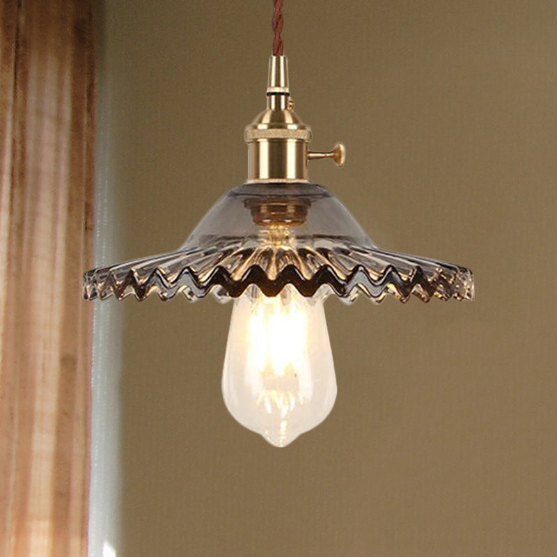 Industrial Brass 1-Light Hanging Pendant With Scalloped Black/White/Green Glass Perfect For Dining