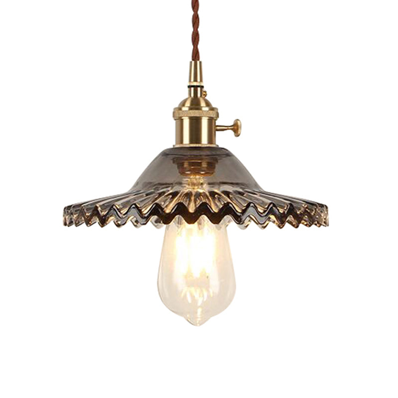 Industrial Brass Scalloped Pendant Light with Glass Shade - 1-Light Hanging Ceiling Fixture for Dining Room - Black/White/Green Design