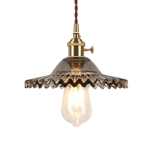 Industrial Brass 1-Light Hanging Pendant With Scalloped Black/White/Green Glass Perfect For Dining